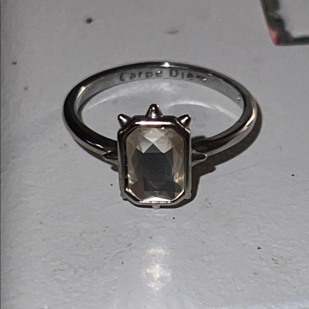 Elegant Silver Ring with Clear Gemstone and etched Carpe Diem